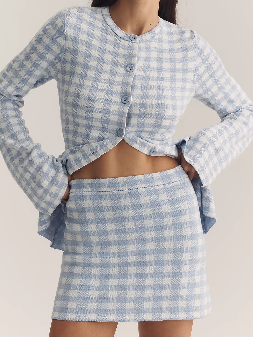 NEW 525 SKIPPER MINI SKIRT | Light Blue and White Gingham Knit Cardigan